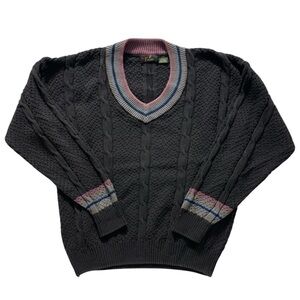Elegant Black‎ V-Neck Sweater with Multicolor Trim